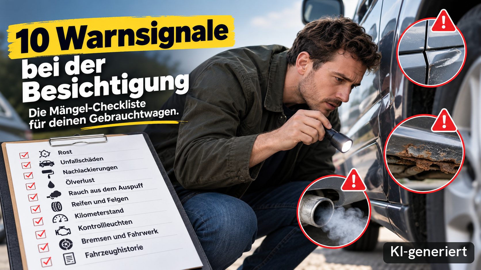 KI-generiertes Symbolbild: Mann prüft mit Taschenlampe ein Auto, daneben eine Checkliste mit 10 Warnsignalen sowie Detailbilder von Rost und Auspuffrauch