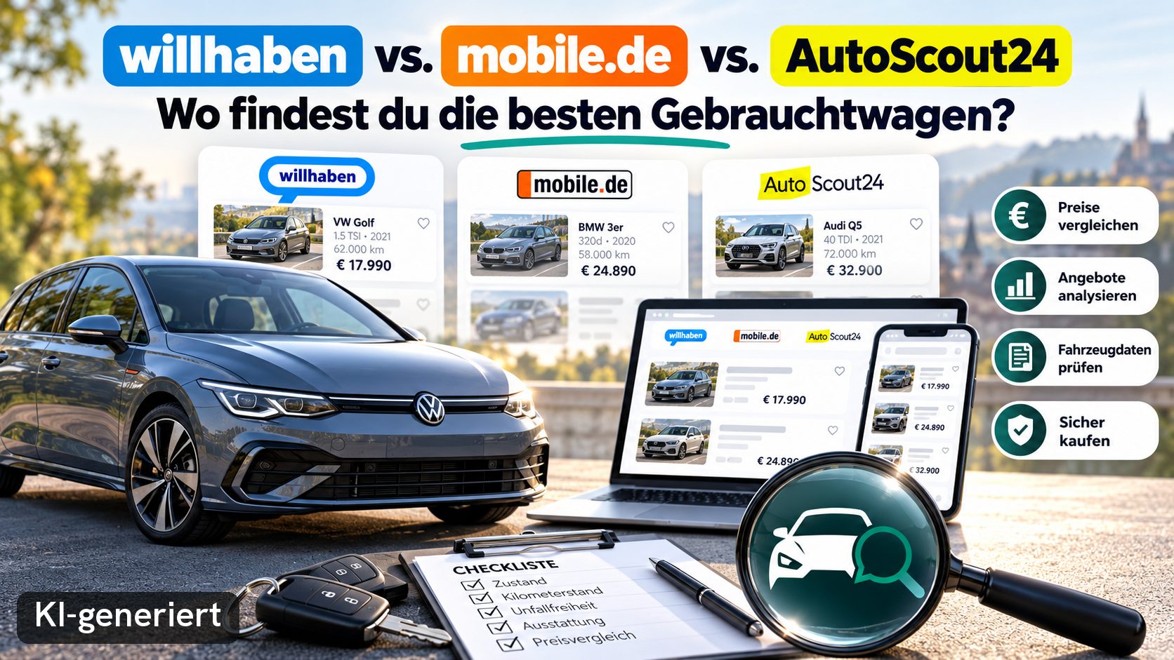 KI-generiertes Symbolbild: Logos von willhaben, mobile.de und AutoScout24 über Beispiel-Inseraten, davor ein grauer VW Golf, Laptop, Lupe und Checkliste